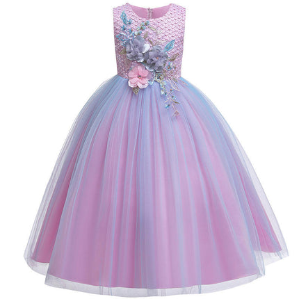 Girls Gradient Colorblocking Gowns Princess Dresses Flower Girl Party Prom Floral Dresses