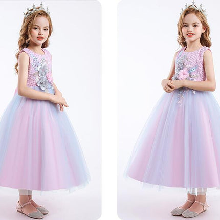 Girls Gradient Colorblocking Gowns Princess Dresses Flower Girl Party Prom Floral Dresses