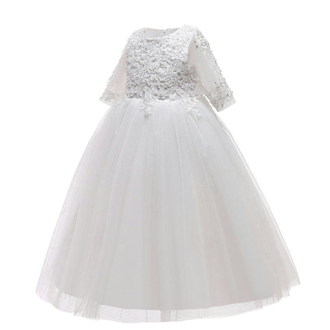 Girls Embroidery Flower Lace Long A Line Pageant Dress Floor Length Princess Prom Tulle Gown