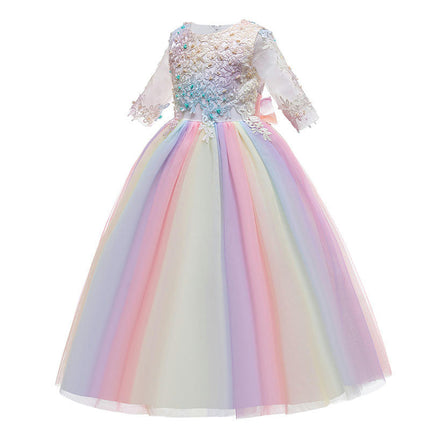 Girls Embroidery Flower Lace Long A Line Pageant Dress Floor Length Princess Prom Tulle Gown