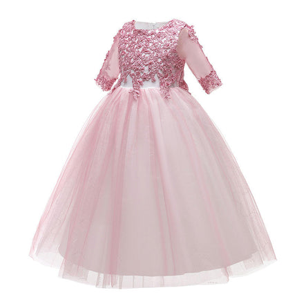 Girls Embroidery Flower Lace Long A Line Pageant Dress Floor Length Princess Prom Tulle Gown