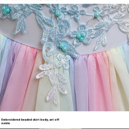 Girls Embroidery Flower Lace Long A Line Pageant Dress Floor Length Princess Prom Tulle Gown