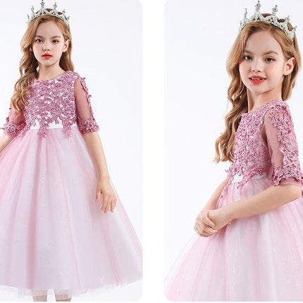 Girls Embroidery Flower Lace Long A Line Pageant Dress Floor Length Princess Prom Tulle Gown