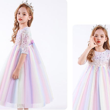 Girls Embroidery Flower Lace Long A Line Pageant Dress Floor Length Princess Prom Tulle Gown