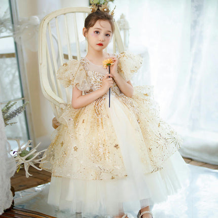 Girls Beaded Sequins Patchwork Princess Dresses Flower Girl Party Prom Dresses