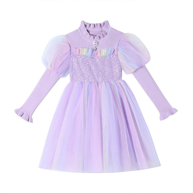 Girls Knitted Patchwork Dress Princess Dress Rainbow Color Children's Autumn and Winter Dresses