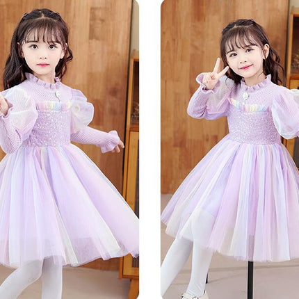 Girls Knitted Patchwork Dress Princess Dress Rainbow Color Children's Autumn and Winter Dresses