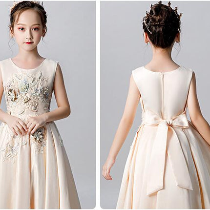 Satin Sleeveless Gowns Princess Dresses Flower Girl Party Prom Embroidered Dresses