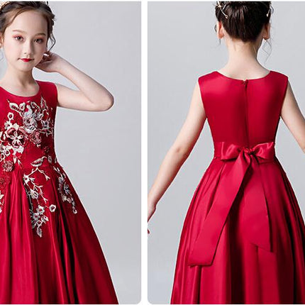 Satin Sleeveless Gowns Princess Dresses Flower Girl Party Prom Embroidered Dresses