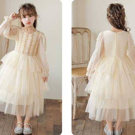 Long Sleeve Tulle Princess Dress Girls Performance Flower Girl Party Prom Cake Dresses