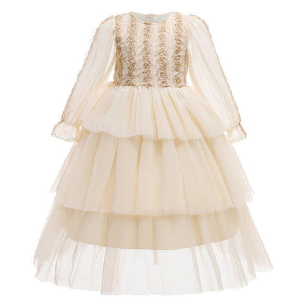 Long Sleeve Tulle Princess Dress Girls Performance Flower Girl Party Prom Cake Dresses