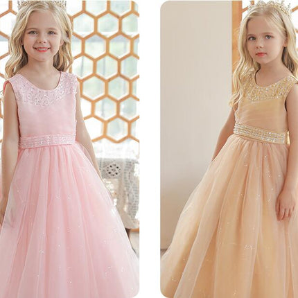 Mesh Sequins Princess Dress Girls Performance Flower Girl Party Prom A-Line Long Dresses