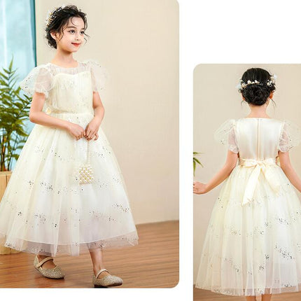 Flower Girls Sparkle Tulle Sequin Puff Sleeves Dress Princess Wedding Bridesmaid Party