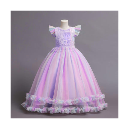 Toddler Short Sleeve Wedding Princess Dresses Flower Girl Party Rainbow Lace Dresses