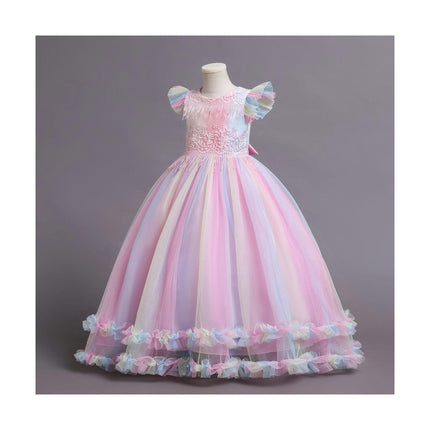 Toddler Short Sleeve Wedding Princess Dresses Flower Girl Party Rainbow Lace Dresses