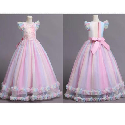 Toddler Short Sleeve Wedding Princess Dresses Flower Girl Party Rainbow Lace Dresses