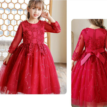 Little Girl Long Sleeve Lace Floral Prom Dresses Party Gowns Tulle Prom Dresses