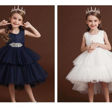 Girls Sleeveless Wedding Dresses Princess Dresses Flower Girl Party Pom Pom Tow Tail Dresses