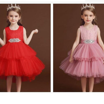 Girls Sleeveless Wedding Dresses Princess Dresses Flower Girl Party Pom Pom Tow Tail Dresses