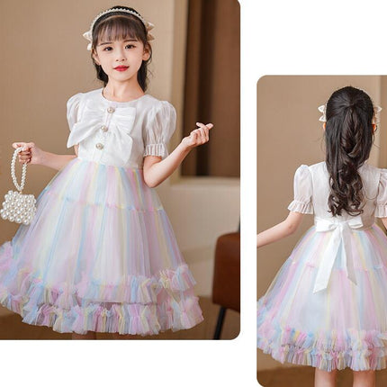 Girls Party Dresses Summer Princess Dresses Short Sleeve Mesh Rainbow Dresses