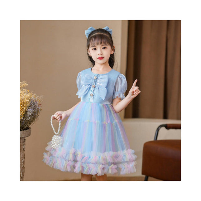 Girls Party Dresses Summer Princess Dresses Short Sleeve Mesh Rainbow Dresses