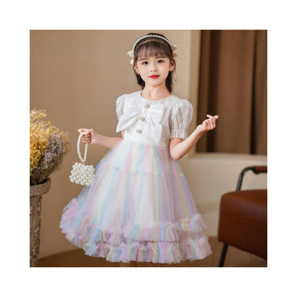 Girls Party Dresses Summer Princess Dresses Short Sleeve Mesh Rainbow Dresses