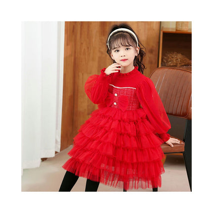 Girls Long Sleeve Gown Princess Dress Party Prom Knitted Mesh Splicing A-Shape Cake Skirt