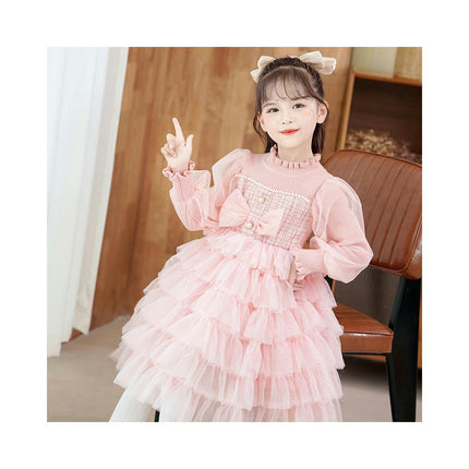 Girls Long Sleeve Gown Princess Dress Party Prom Knitted Mesh Splicing A-Shape Cake Skirt