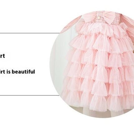 Girls Long Sleeve Gown Princess Dress Party Prom Knitted Mesh Splicing A-Shape Cake Skirt