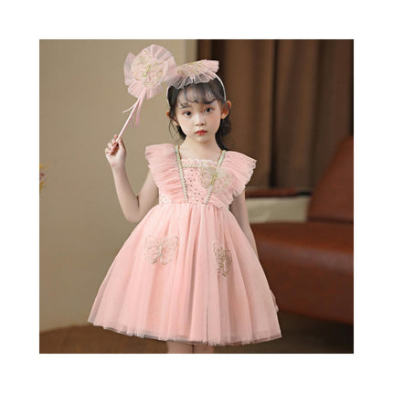 Girls Sequin Mesh Party Dress Butterfly Embroidery Birthday Ball Tank Dresses