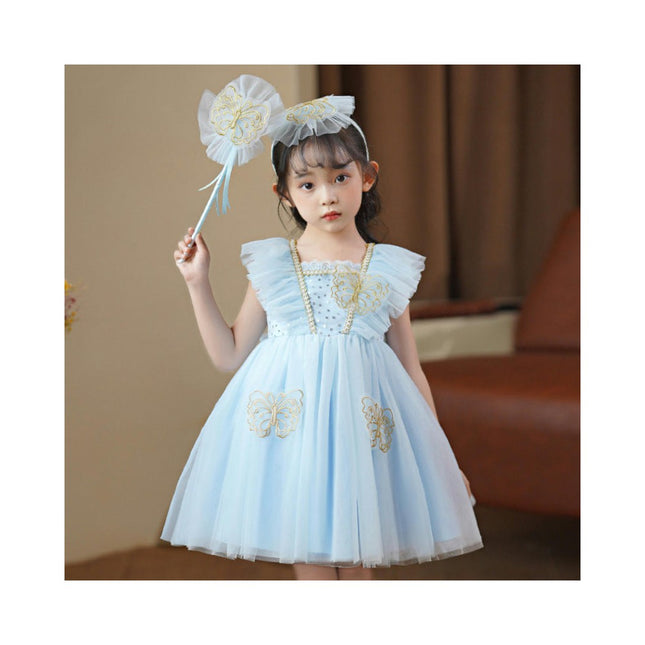 Girls Sequin Mesh Party Dress Butterfly Embroidery Birthday Ball Tank Dresses