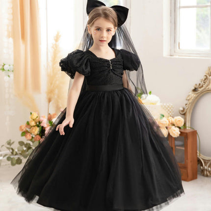 Girls Evening Dress Princess Dress Host Net Tulle Skirt Bubble Short Sleeve A-line Skirt