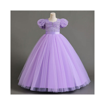 Girls Evening Dress Princess Dress Host Net Tulle Skirt Bubble Short Sleeve A-line Skirt