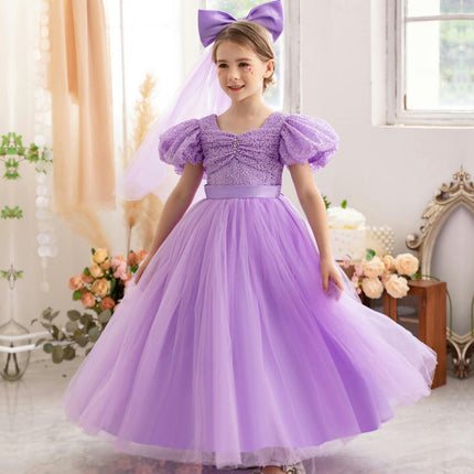 Girls Evening Dress Princess Dress Host Net Tulle Skirt Bubble Short Sleeve A-line Skirt