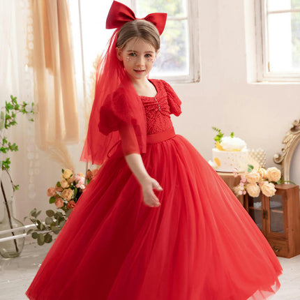 Girls Evening Dress Princess Dress Host Net Tulle Skirt Bubble Short Sleeve A-line Skirt