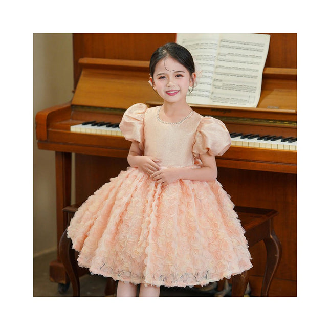 Girls Three-Dimensional Flower Pleated Hem Dress - Children's Birthday Princess Dress