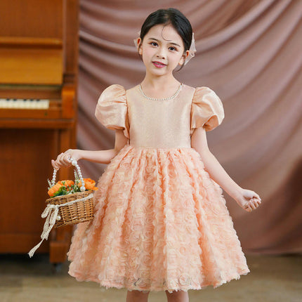 Girls Three-Dimensional Flower Pleated Hem Dress - Children's Birthday Princess Dress