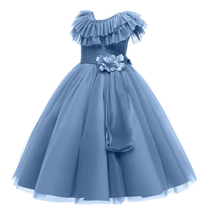 Flower Girl Birthday Party Dress Waist Ruffle Neckline Mesh Puffy A-Line Dress