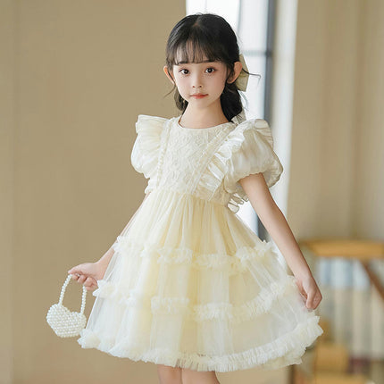 Little Girl Short Sleeve Lace Floral Prom Dresses Party Gowns Tulle Prom Dresses