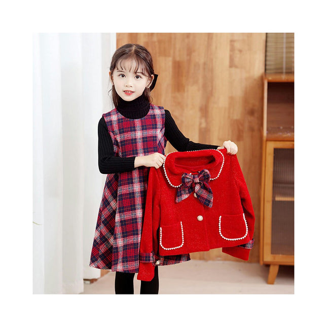 Toddler Girls Clothing 2 Piece Girls Plaid Sleeveless Dress and Button Cardigan Set