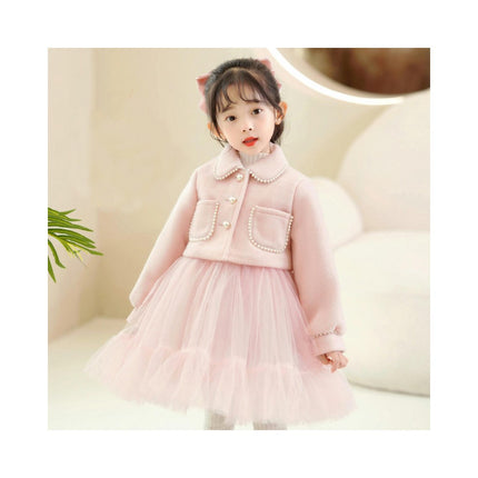 Girls Autumn and Winter Set Woolen Button Short Coat Vest Mesh Dress 2-piece Set