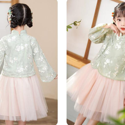 Girls Hanfu Mesh Dress 2-piece Set Children's Tang Suit Chinese Style Set