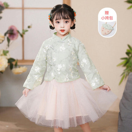 Girls Hanfu Mesh Dress 2-piece Set Children's Tang Suit Chinese Style Set