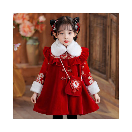 Girls' Winter Plush New Year's Greetings Dress -Children's Tang Suit Cheongsam