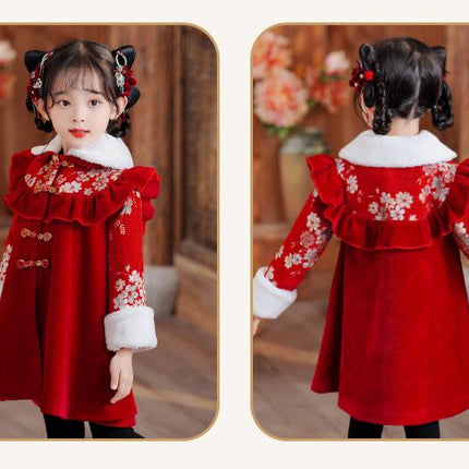 Girls' Winter Plush New Year's Greetings Dress -Children's Tang Suit Cheongsam