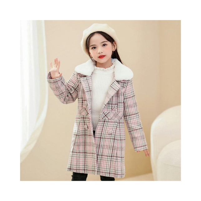 Girls Pea Coat Notched Lapel Collar Double Breasted Plaid Over Coats Long Jackets