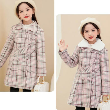 Girls Pea Coat Notched Lapel Collar Double Breasted Plaid Over Coats Long Jackets