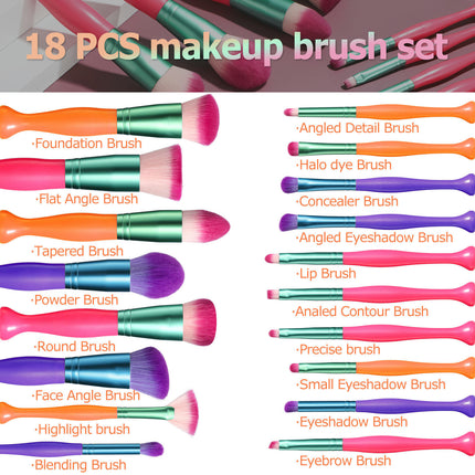 18 Pcs Colourful Makeup Brush Set Synthetic Foundation Blending Face Powder Blush Eyeshadow Rainbow Make Up Brush Set