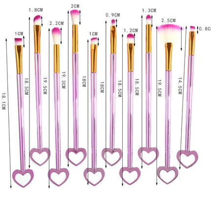 10Pc Heart-Shaped Full Face Makeup Brush Set  Professional Make Up Brushes  Natural Hair-Like Bristle