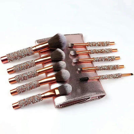 10 Pcs Bling Rhinestone Makeup Brush With Shiny Rhinestone  Soft Bristles and Bag Portable Makeup Brush